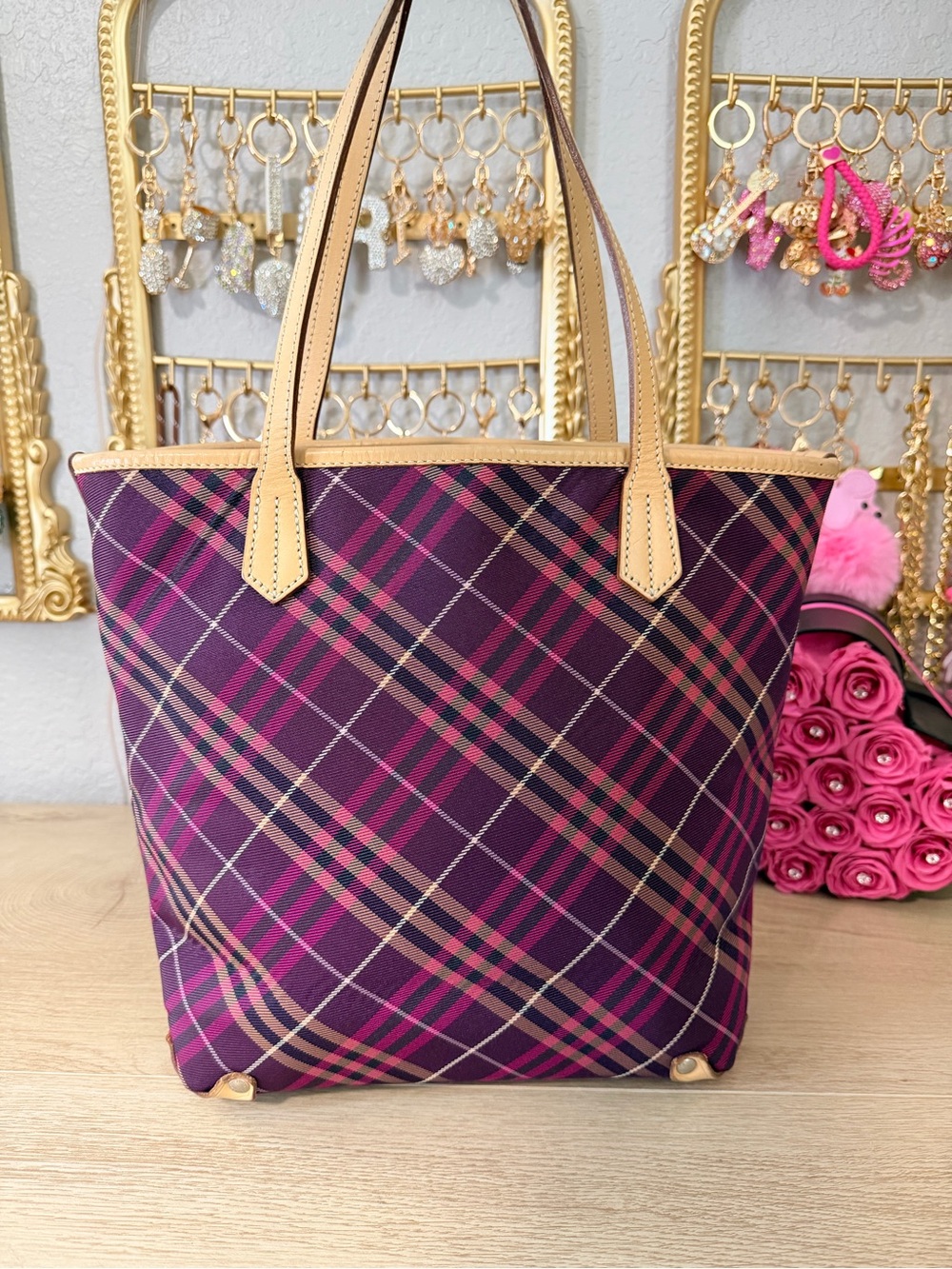 Burberry Blue Label Plaid Purple Tote Bag with Tan Handles